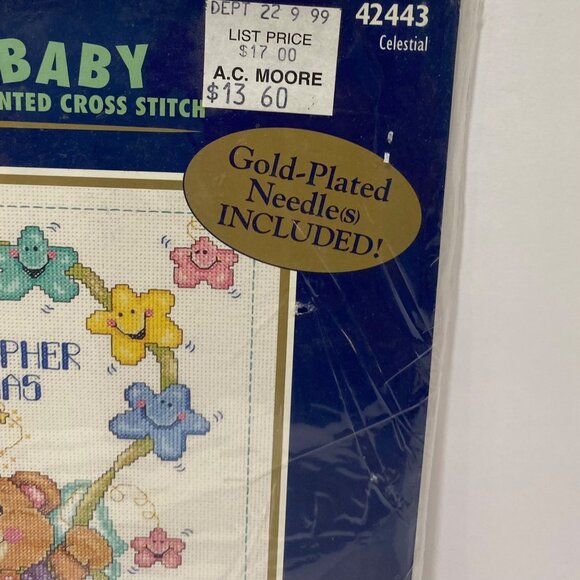 Bucilla Baby Counted Cross Stitch Kit Celestial Birth Record 11"x14" Gold-Plated - Picture 3 of 4